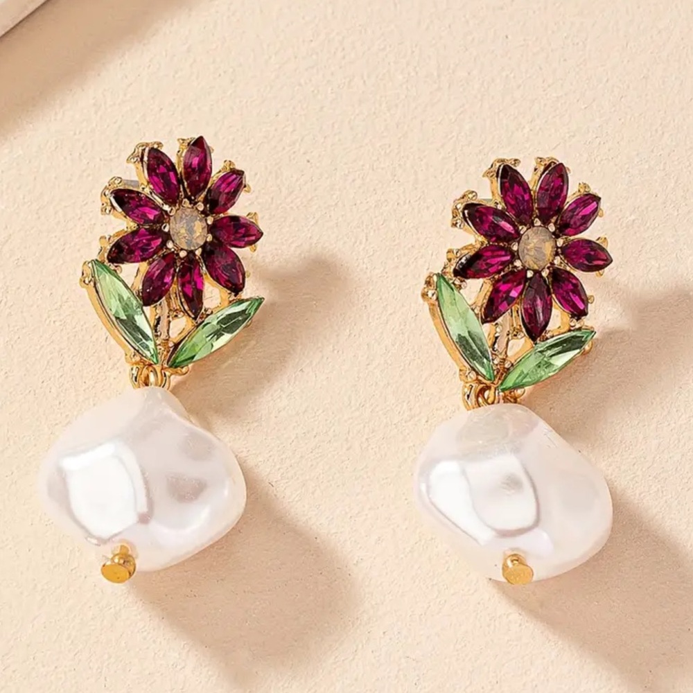 Gold Pearl Purple Flower Earrings